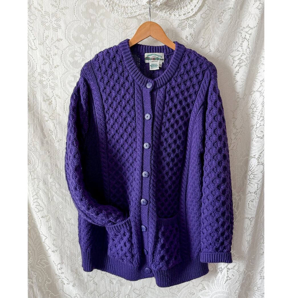Vintage Aran Crafts Ireland Purple Merino Wool Cable Knit Cardigan XL